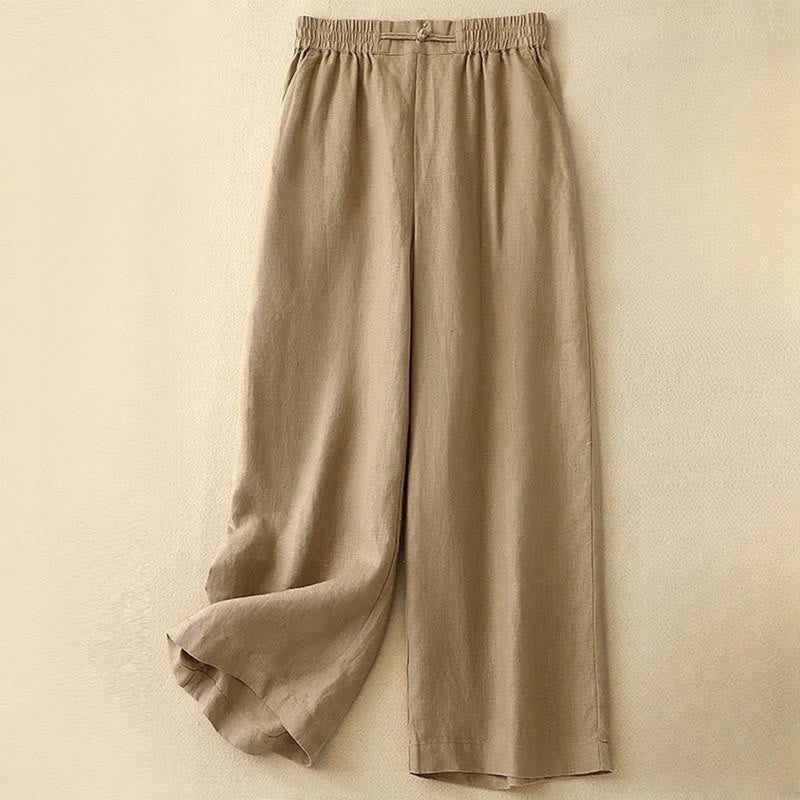 Buddha Stones Daily Solid Color Elastic Waistband Frog-Button Cotton Women's Wide Leg Pants With Pockets - Gold - US12，UK/AU16，EU44 (3XL) - image 3