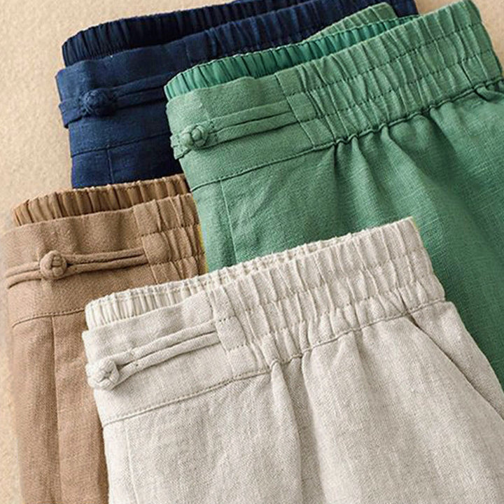 Buddha Stones Versatile Solid Color Elastic Waistband Frog-Button Cotton Linen Women's Wide Leg Pants With Pockets - image 19