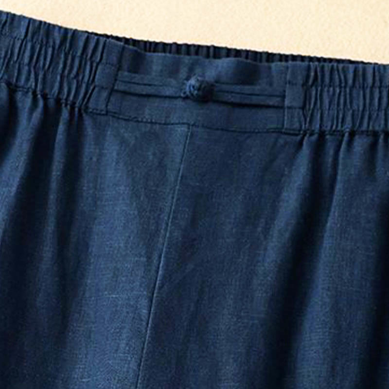 Buddha Stones Versatile Solid Color Elastic Waistband Frog-Button Cotton Linen Women's Wide Leg Pants With Pockets - image 11