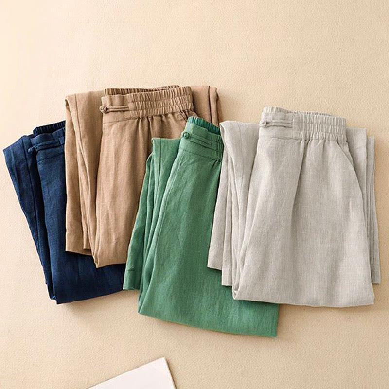 Buddha Stones Versatile Solid Color Elastic Waistband Frog-Button Cotton Linen Women's Wide Leg Pants With Pockets - image 18