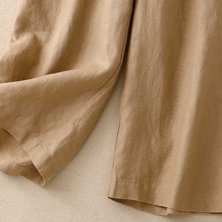 Buddha Stones Versatile Solid Color Elastic Waistband Frog-Button Cotton Linen Women's Wide Leg Pants With Pockets - image 8