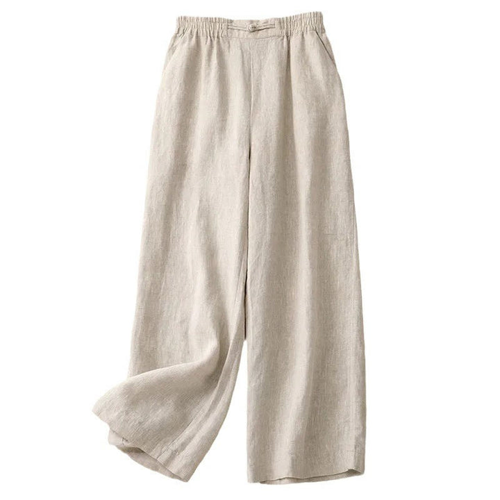 Buddha Stones Versatile Solid Color Elastic Waistband Frog-Button Cotton Women's Wide Leg Pants With Pockets - image 16