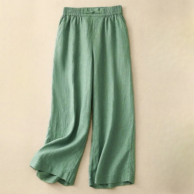 Buddha Stones Versatile Solid Color Elastic Waistband Frog-Button Cotton Linen Women's Wide Leg Pants With Pockets - MediumSpringGreen - US12，UK/AU16，EU44 (3XL) - image 1
