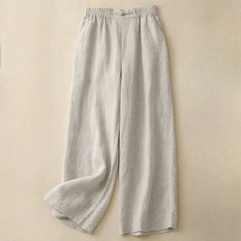 Buddha Stones Versatile Solid Color Elastic Waistband Frog-Button Cotton Linen Women's Wide Leg Pants With Pockets - Beige - US12，UK/AU16，EU44 (3XL) - image 12