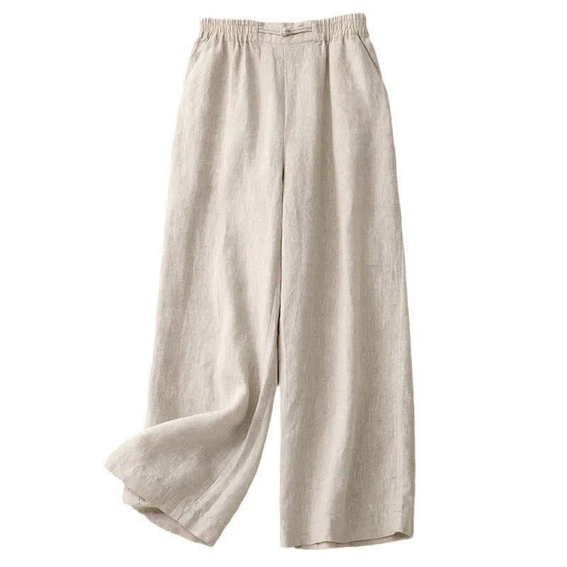 Buddha Stones Versatile Solid Color Elastic Waistband Frog-Button Cotton Linen Women's Wide Leg Pants With Pockets - image 17