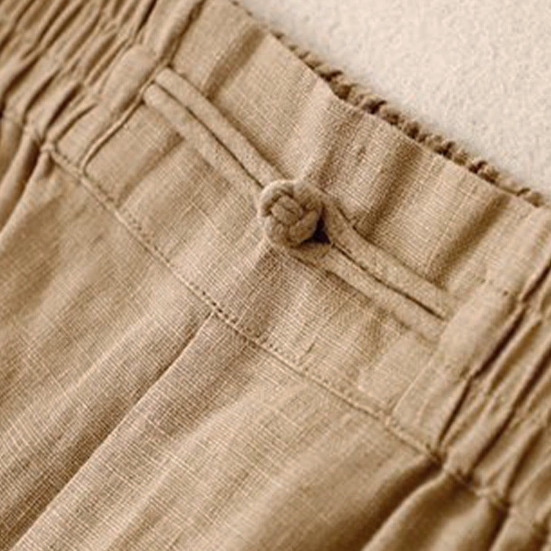 Buddha Stones Versatile Solid Color Elastic Waistband Frog-Button Cotton Linen Women's Wide Leg Pants With Pockets - image 5