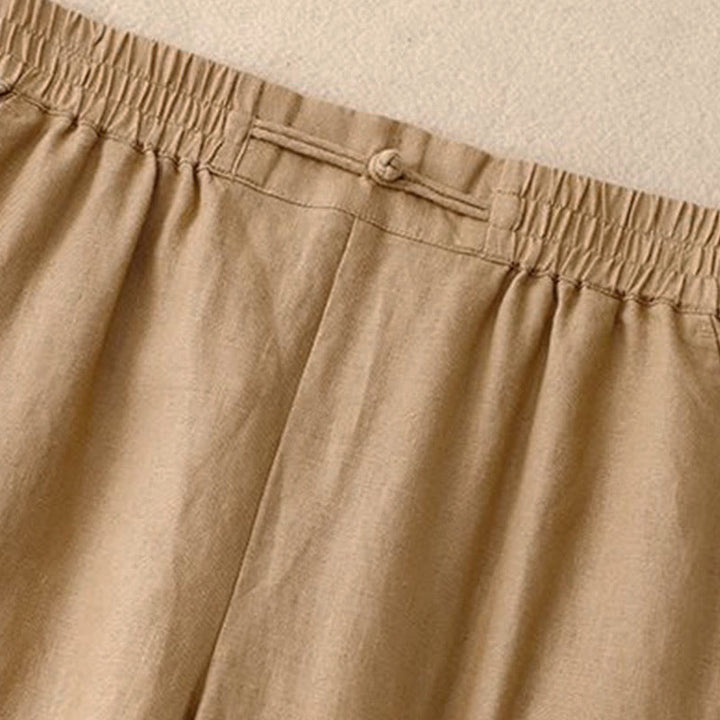 Buddha Stones Versatile Solid Color Elastic Waistband Frog-Button Cotton Linen Women's Wide Leg Pants With Pockets - image 6