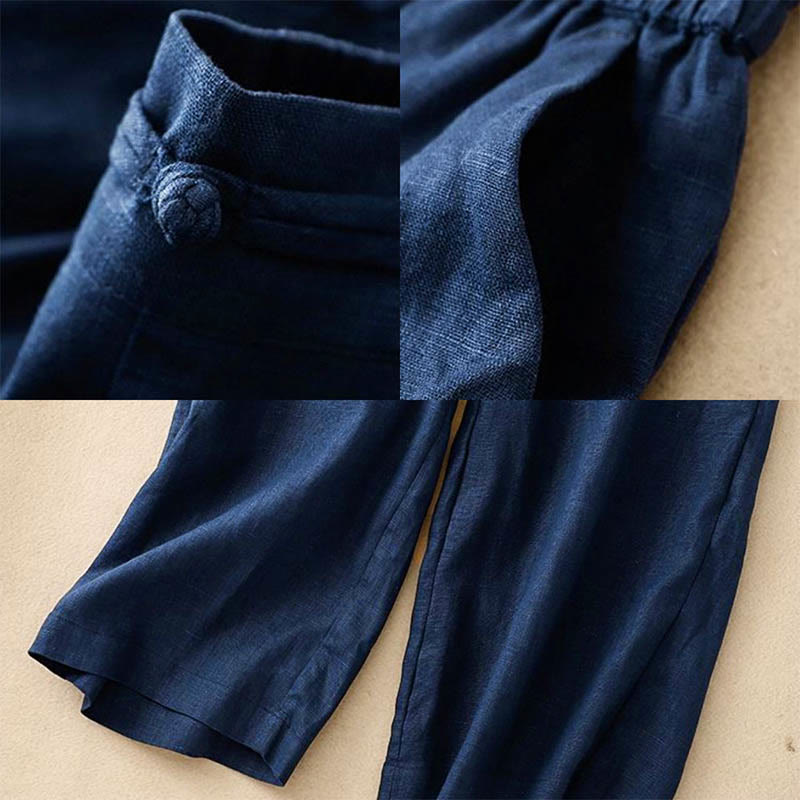 Buddha Stones Versatile Solid Color Elastic Waistband Frog-Button Cotton Linen Women's Wide Leg Pants With Pockets - image 10