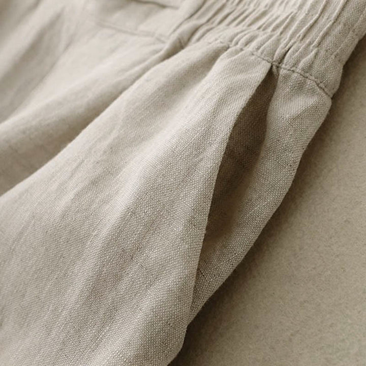 Buddha Stones Versatile Solid Color Elastic Waistband Frog-Button Cotton Linen Women's Wide Leg Pants With Pockets - image 16