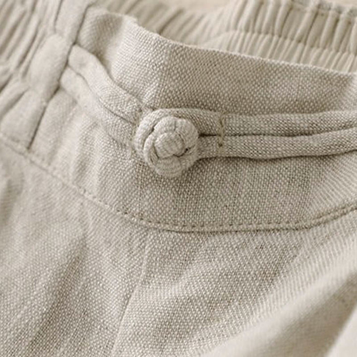 Buddha Stones Versatile Solid Color Elastic Waistband Frog-Button Cotton Linen Women's Wide Leg Pants With Pockets - image 14