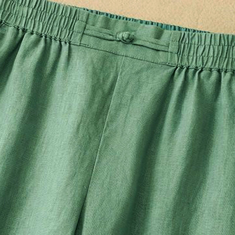 Buddha Stones Versatile Solid Color Elastic Waistband Frog-Button Cotton Linen Women's Wide Leg Pants With Pockets - image 2