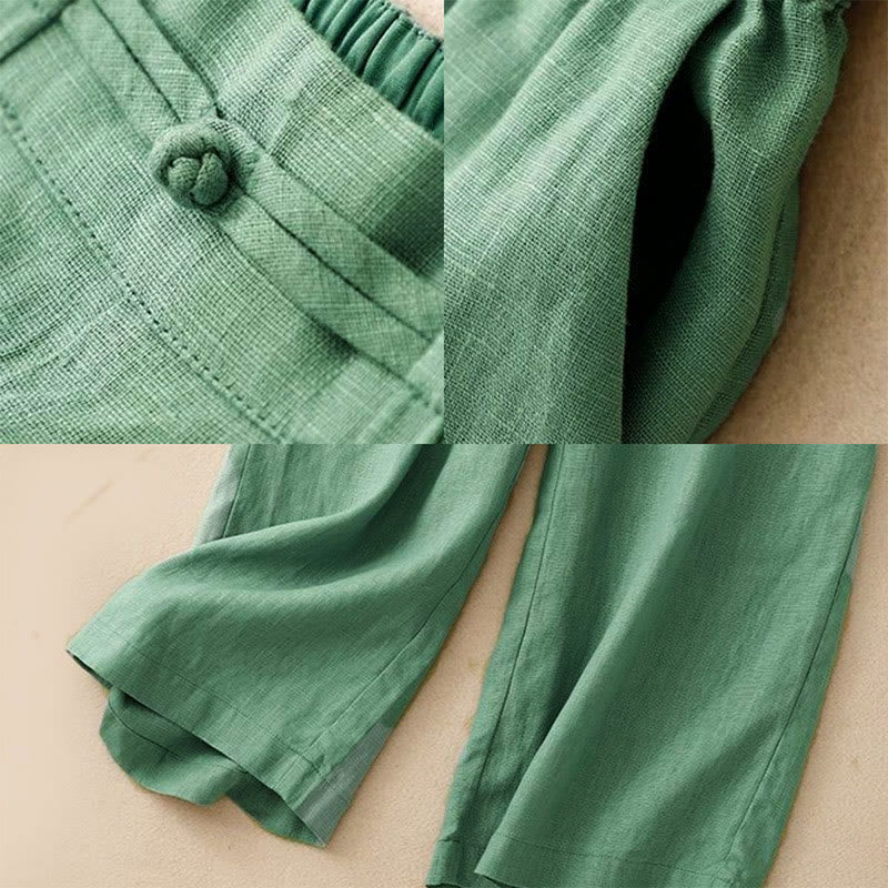 Buddha Stones Versatile Solid Color Elastic Waistband Frog-Button Cotton Linen Women's Wide Leg Pants With Pockets - image 3