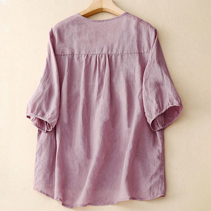 Buddha Stones Casual Plain Loose Women's V-Neck Design Half Sleeve Shirt - image 1