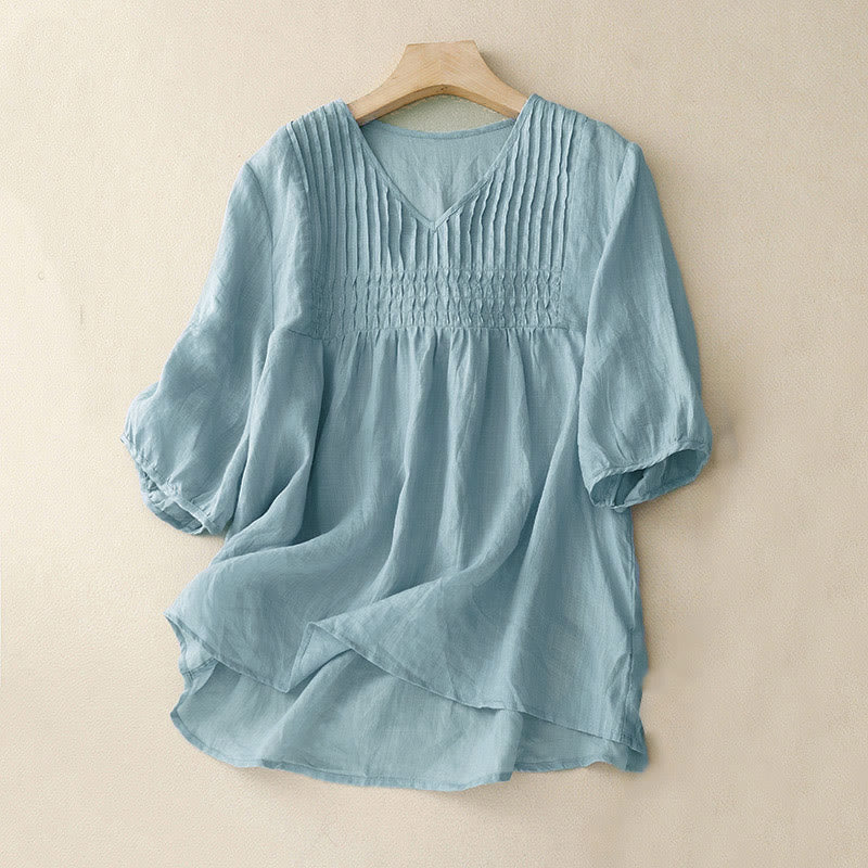 Buddha Stones Casual Plain Loose Women's V-Neck Design Half Sleeve Cotton Shirt - PaleTurquoise - US12，UK/AU16，EU44 (2XL) - image 25