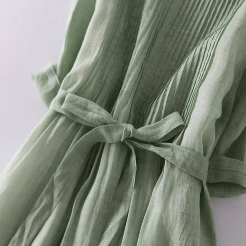 Buddha Stones Casual Lace-up Plain Crew Neck Half Sleeve Midi Dress With Pockets - image 22