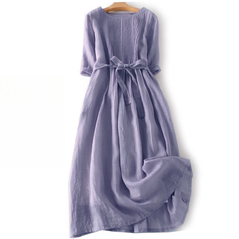 Buddha Stones Casual Lace-up Plain Crew Neck Half Sleeve Midi Dress With Pockets - Thistle - US12，UK/AU16，EU44 (3XL) - image 15