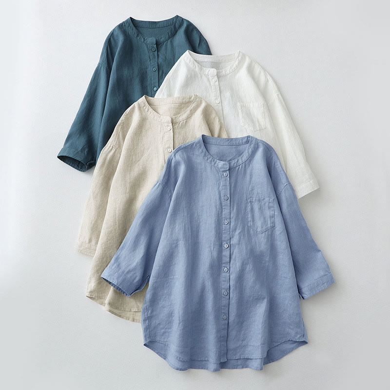 Buddha Stones Solid Color Button Three Quarter Sleeve Shirt - image 1