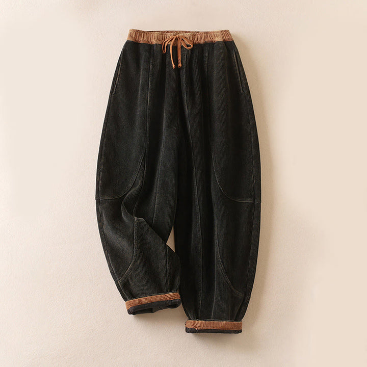 Buddha Stones Color Contrast Corduroy Cotton Women's Thermal Fleece-Lined Harem Pants With Pockets - Fleece-Lined Version - Black - US16，UK/AU20，EU48 (3XL) - image 6