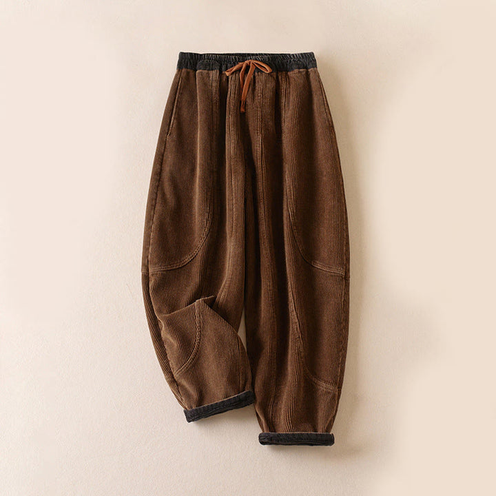 Buddha Stones Color Contrast Corduroy Cotton Women's Thermal Fleece-Lined Harem Pants With Pockets - Fleece-Lined Version - SaddleBrown - US16，UK/AU20，EU48 (3XL) - image 13
