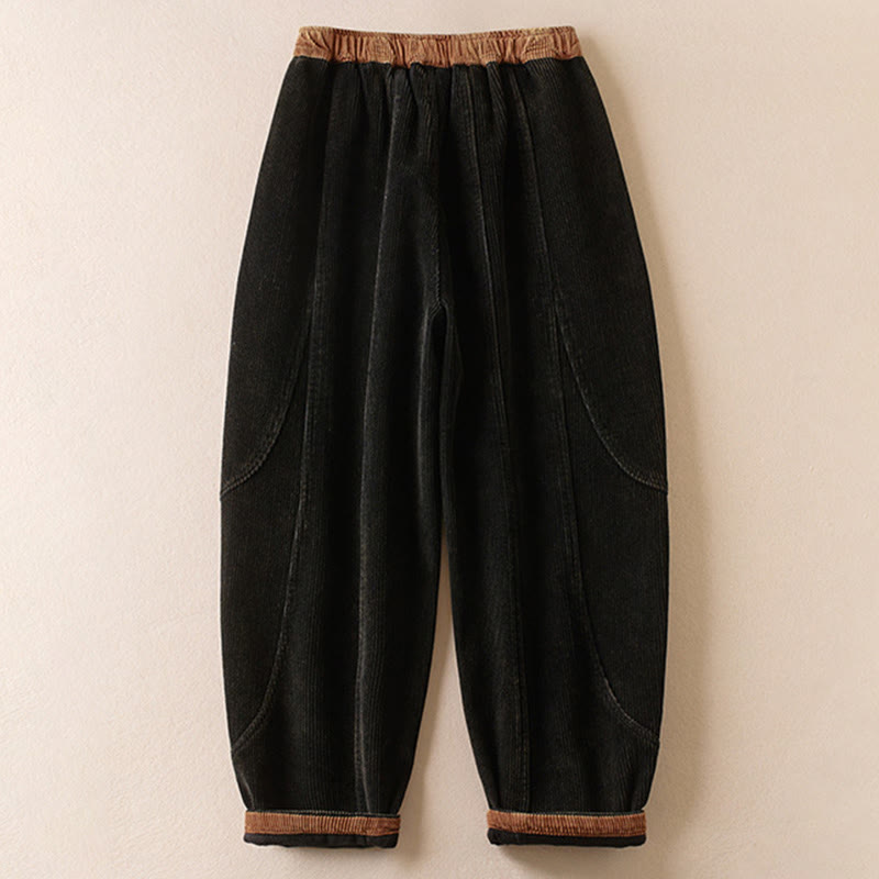 Buddha Stones Color Contrast Corduroy Cotton Women's Thermal Fleece-Lined Harem Pants With Pockets - image 1