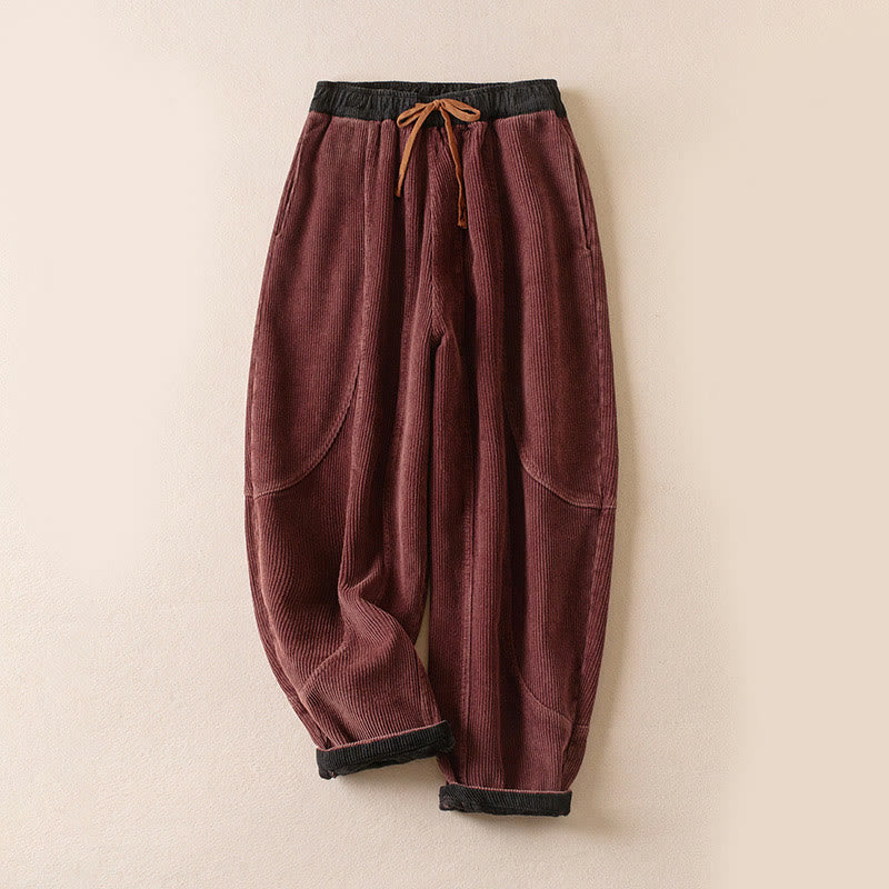 Buddha Stones Color Contrast Corduroy Cotton Women's Thermal Fleece-Lined Harem Pants With Pockets - IndianRed - US16，UK/AU20，EU48 (3XL) - image 6
