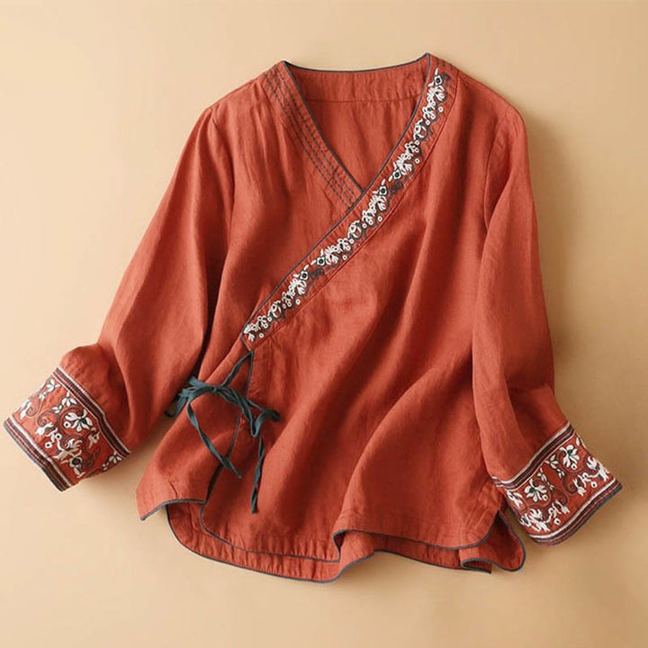 Buddha Stones Casual Embroidered Flowers Slant Collar Strap Long Sleeve Cotton Women's Shirt - FireBrick - US8-10，UK/AU12-14，EU40-42 (3XL) - image 0