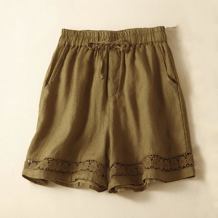 Buddha Stones Plain Color Bottom Hollow Lace Design Lace-up Cotton Linen Women's Shorts With Pockets - Goldenrod - US12，UK/AU16，EU44 (3XL) - image 24