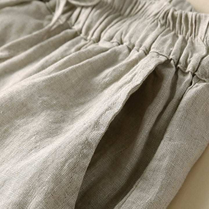 Buddha Stones Plain Color Bottom Hollow Lace Design Lace-up Cotton Linen Women's Shorts With Pockets - image 5