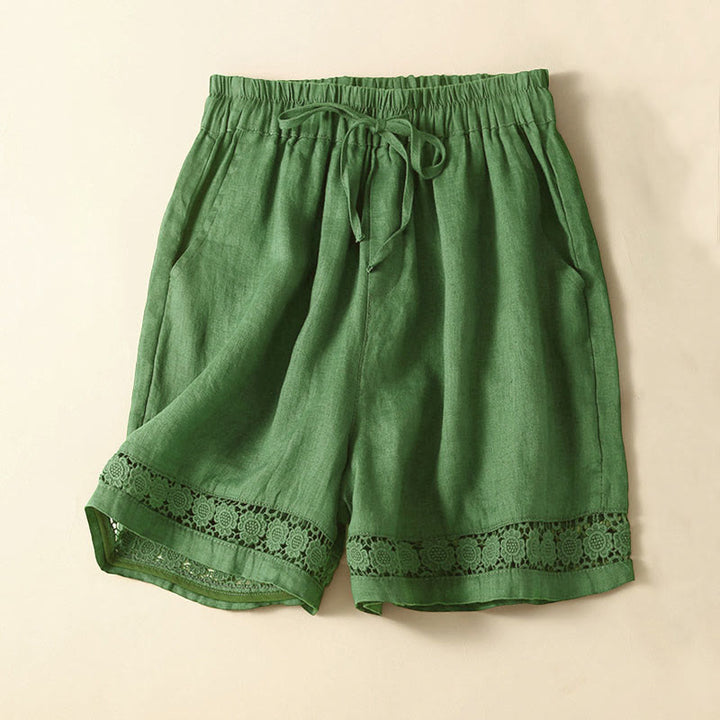 Buddha Stones Plain Color Bottom Hollow Lace Design Lace-up Cotton Linen Women's Shorts With Pockets - Green - US12，UK/AU16，EU44 (3XL) - image 30
