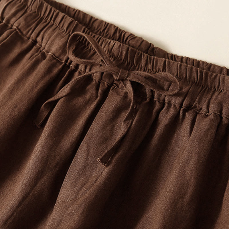 Buddha Stones Plain Color Bottom Hollow Lace Design Lace-up Cotton Linen Women's Shorts With Pockets - image 40