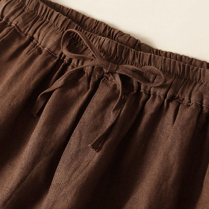 Buddha Stones Plain Color Bottom Hollow Lace Design Lace-up Cotton Linen Women's Shorts With Pockets - image 40