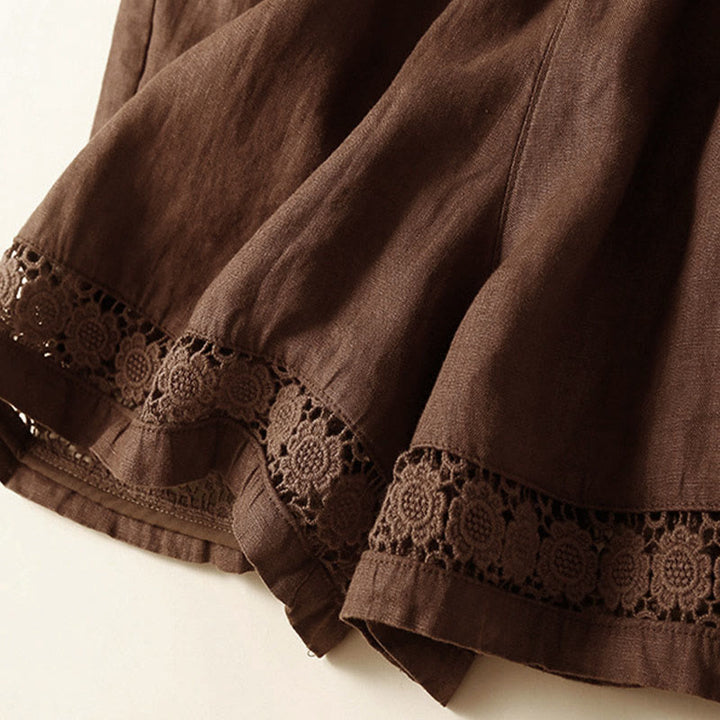 Buddha Stones Plain Color Bottom Hollow Lace Design Lace-up Cotton Linen Women's Shorts With Pockets - image 39