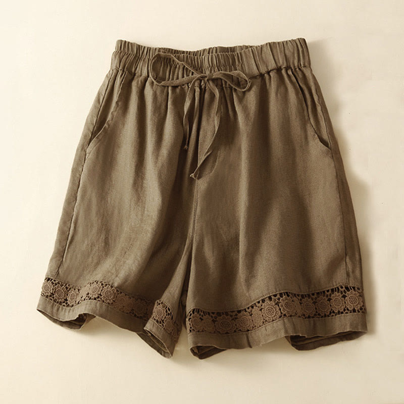 Buddha Stones Plain Color Bottom Hollow Lace Design Lace-up Cotton Linen Women's Shorts With Pockets - Olive - US12，UK/AU16，EU44 (3XL) - image 51