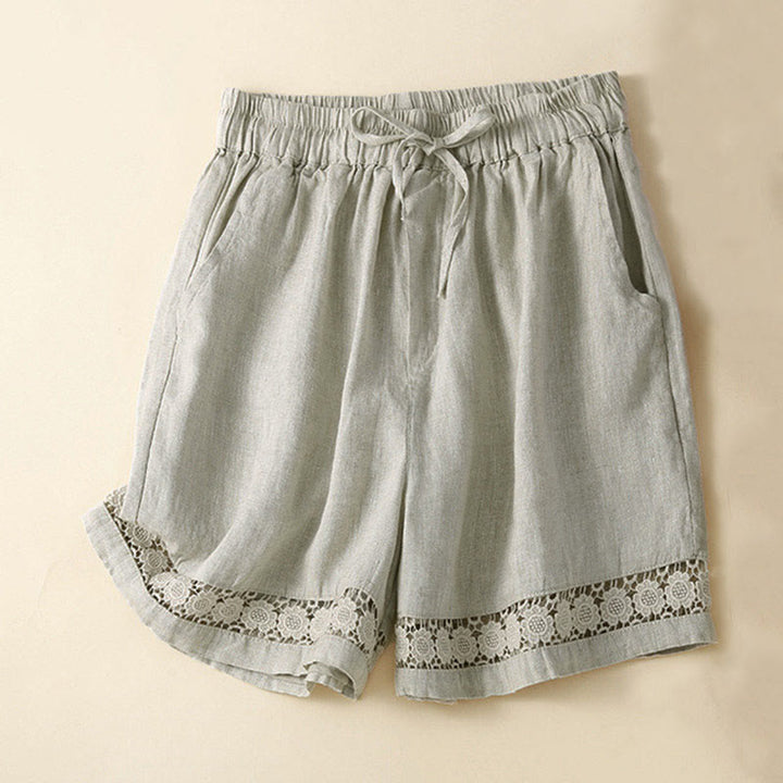 Buddha Stones Plain Color Bottom Hollow Lace Design Lace-up Cotton Linen Women's Shorts With Pockets - Beige - US12，UK/AU16，EU44 (3XL) - image 1
