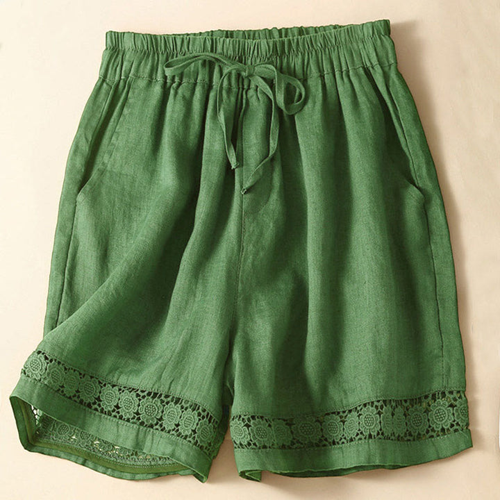 Buddha Stones Plain Color Bottom Hollow Lace Design Lace-up Cotton Linen Women's Shorts With Pockets - image 35