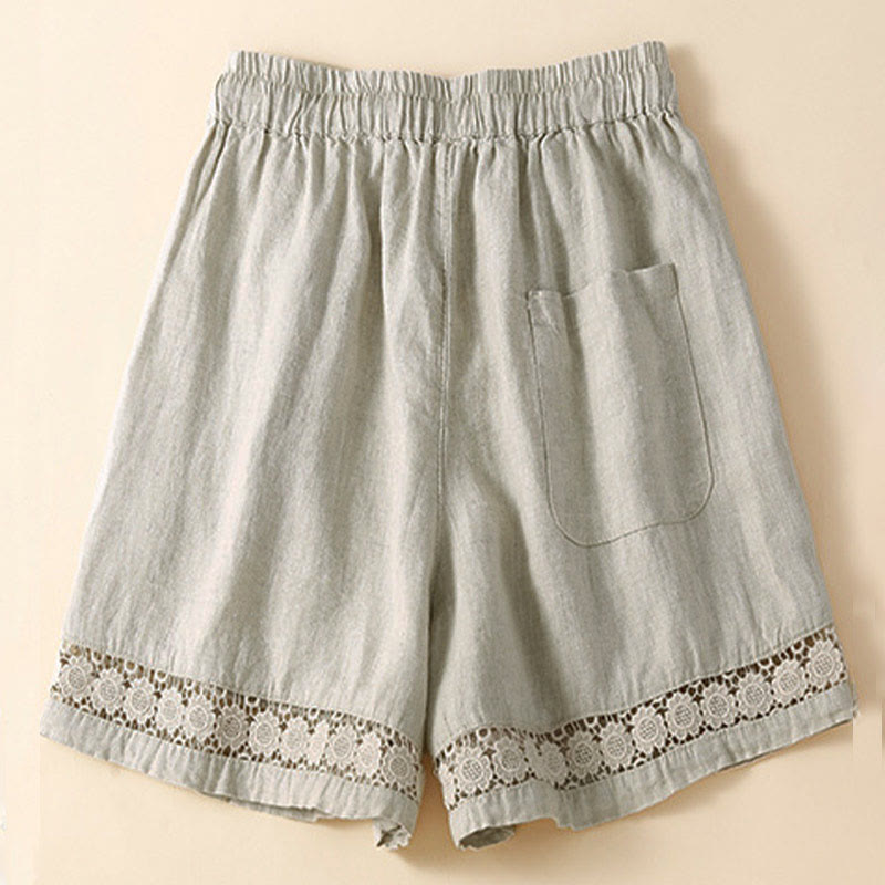 Buddha Stones Plain Color Bottom Hollow Lace Design Lace-up Cotton Linen Women's Shorts With Pockets - image 3