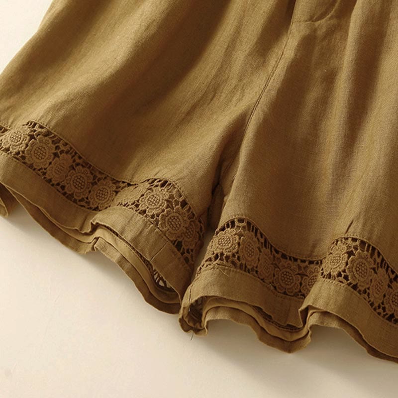 Buddha Stones Plain Color Bottom Hollow Lace Design Lace-up Cotton Women's Shorts With Pockets - image 53