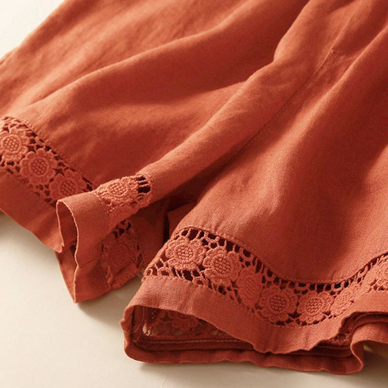 Buddha Stones Plain Color Bottom Hollow Lace Design Lace-up Cotton Linen Women's Shorts With Pockets - image 48