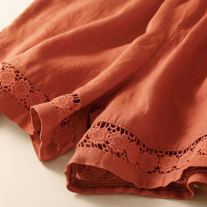 Buddha Stones Plain Color Bottom Hollow Lace Design Lace-up Cotton Linen Women's Shorts With Pockets - image 48
