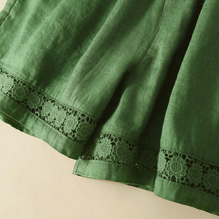 Buddha Stones Plain Color Bottom Hollow Lace Design Lace-up Cotton Linen Women's Shorts With Pockets - image 32