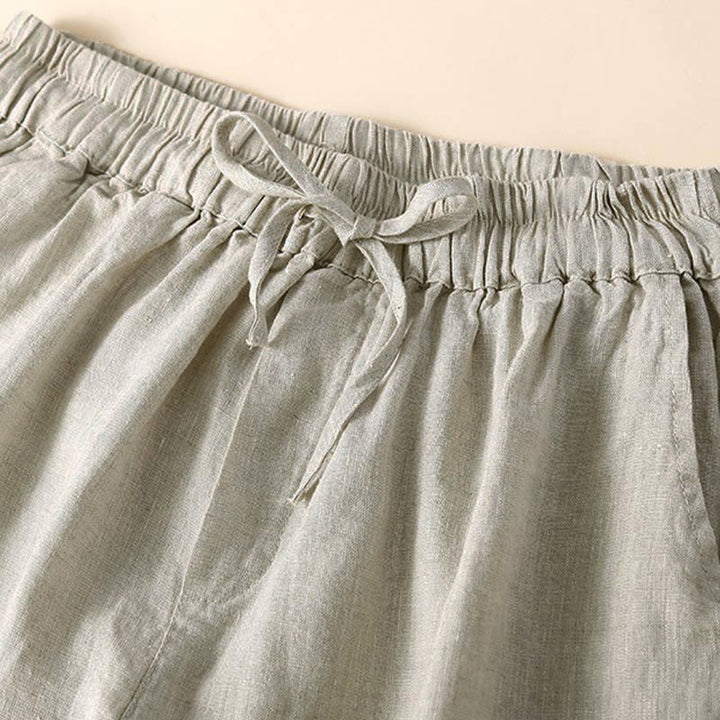 Buddha Stones Plain Color Bottom Hollow Lace Design Lace-up Cotton Linen Women's Shorts With Pockets - image 8