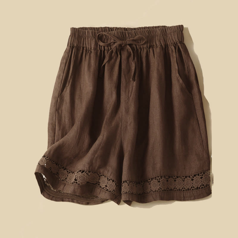 Buddha Stones Plain Color Bottom Hollow Lace Design Lace-up Cotton Linen Women's Shorts With Pockets - Sienna - US12，UK/AU16，EU44 (3XL) - image 37