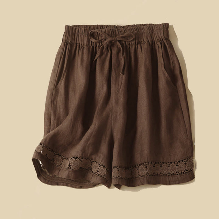 Buddha Stones Plain Color Bottom Hollow Lace Design Lace-up Cotton Linen Women's Shorts With Pockets - Sienna - US12，UK/AU16，EU44 (3XL) - image 37