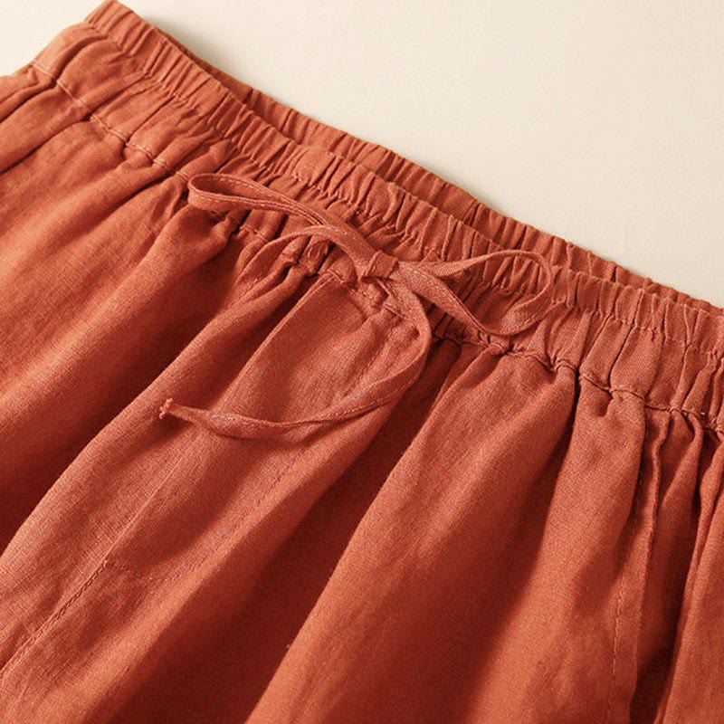 Buddha Stones Plain Color Bottom Hollow Lace Design Lace-up Cotton Linen Women's Shorts With Pockets - image 49