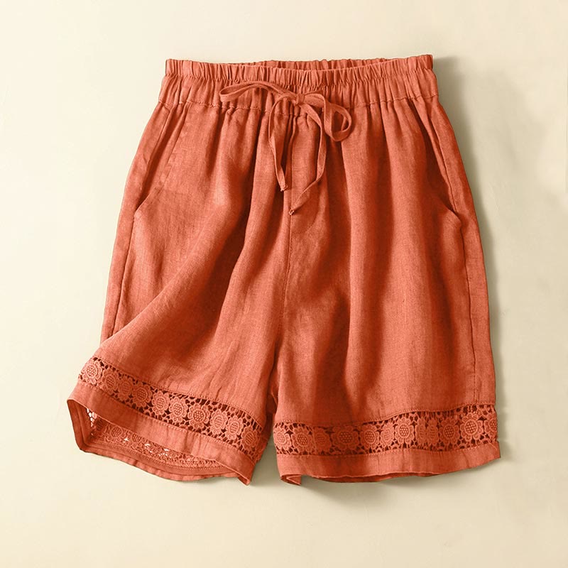 Buddha Stones Plain Color Bottom Hollow Lace Design Lace-up Cotton Linen Women's Shorts With Pockets - DarkOrange - US12，UK/AU16，EU44 (3XL) - image 44