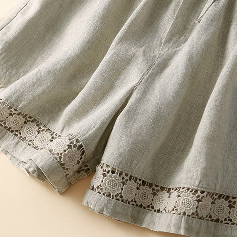 Buddha Stones Plain Color Bottom Hollow Lace Design Lace-up Cotton Linen Women's Shorts With Pockets - image 9