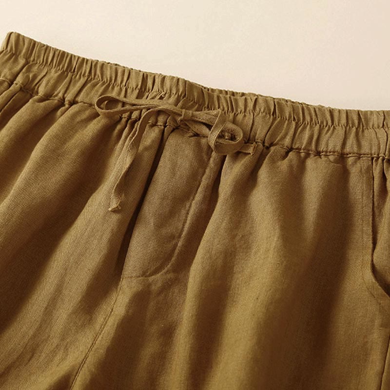 Buddha Stones Plain Color Bottom Hollow Lace Design Lace-up Cotton Linen Women's Shorts With Pockets - image 25