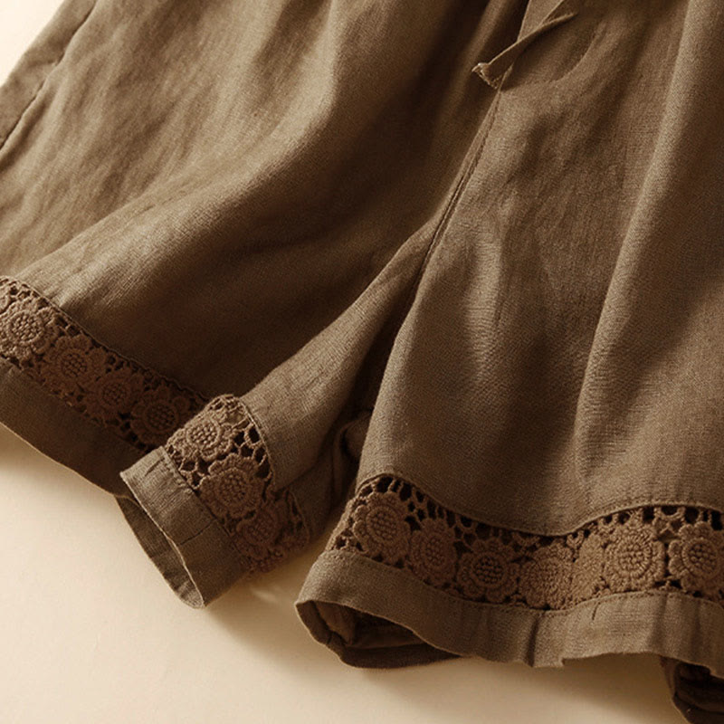 Buddha Stones Plain Color Bottom Hollow Lace Design Lace-up Cotton Linen Women's Shorts With Pockets - image 53