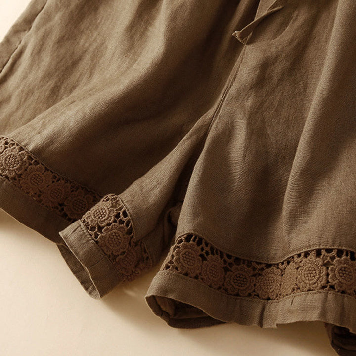 Buddha Stones Plain Color Bottom Hollow Lace Design Lace-up Cotton Linen Women's Shorts With Pockets - image 53