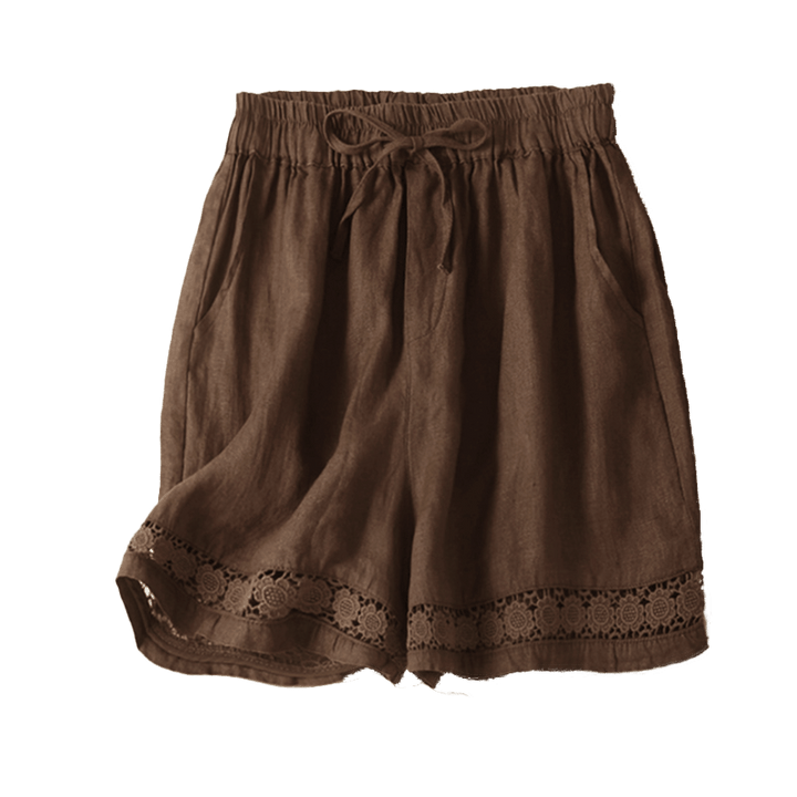 Buddha Stones Plain Color Bottom Hollow Lace Design Lace-up Cotton Linen Women's Shorts With Pockets - image 43